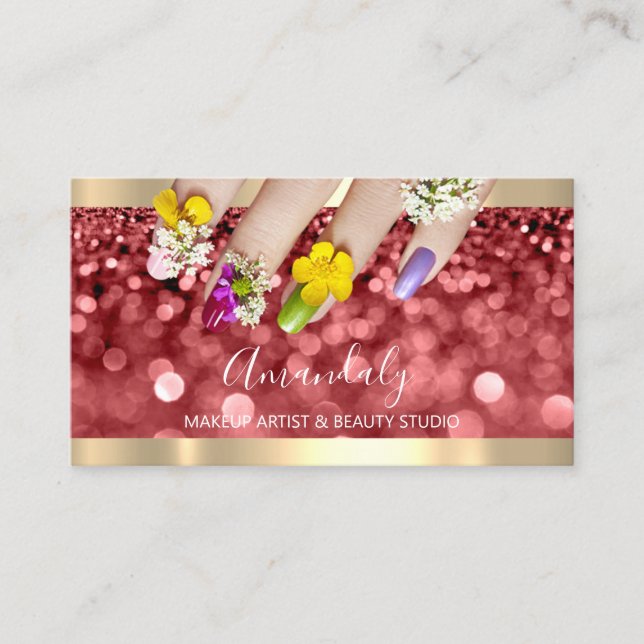 Makeup Blue Glitter Burgundy Glam Nails Floral Business Card (Front)