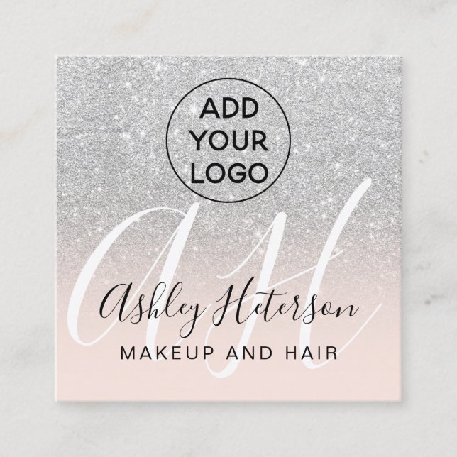 Makeup blush silver glitter logo monogram square business card (Front)