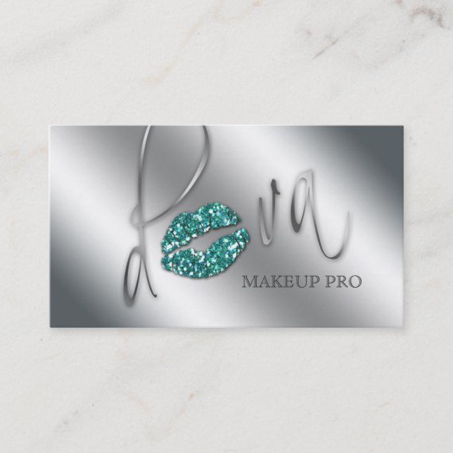 Makeup Business Card Diva Teal Sparkle Lips (Front)
