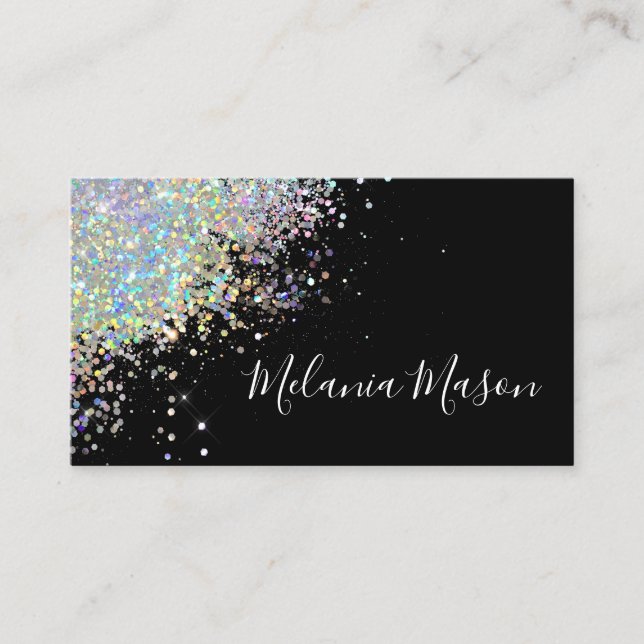 Makeup Elegant Holographic Rose Gold Glitter Black Business Card (Front)
