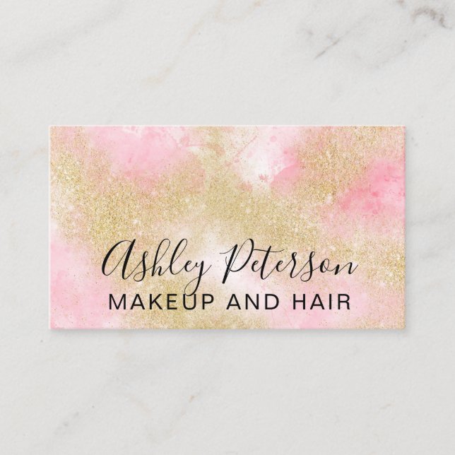 Makeup elegant typography gold glitter pink business card (Front)