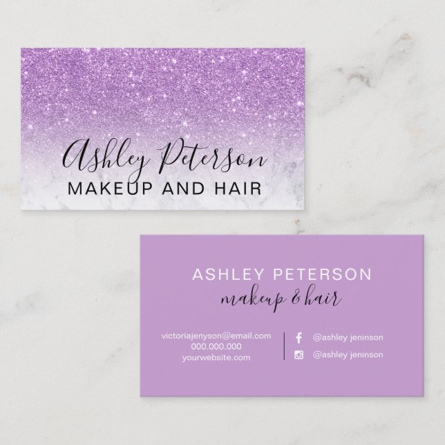 Makeup elegant typography marble purple glitter business card (Front/Back)