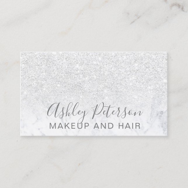 Makeup elegant typography marble white glitter business card (Front)
