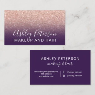 Makeup elegant typography purple rose gold glitter business card