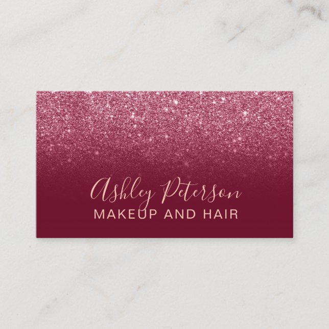 Makeup elegant typography red burgundy glitter business card (Front)