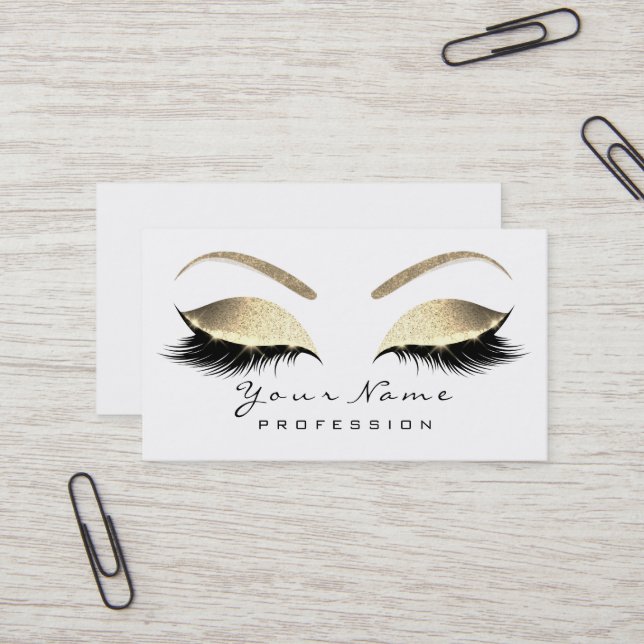 Makeup Eyebrow Eyes Lashes Glitter Gold White Business Card (Front/Back In Situ)