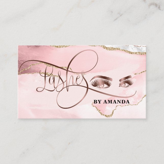 Makeup Eyebrow Eyes Lashes Pink Agate Business Card (Front)