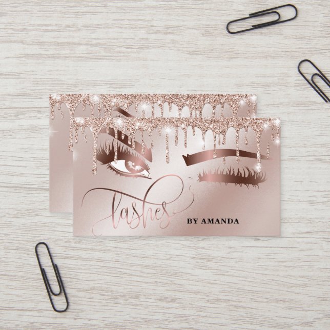 Makeup Eyebrow Eyes Lashes Rose Gold Drips Busines Business Card (Front/Back In Situ)