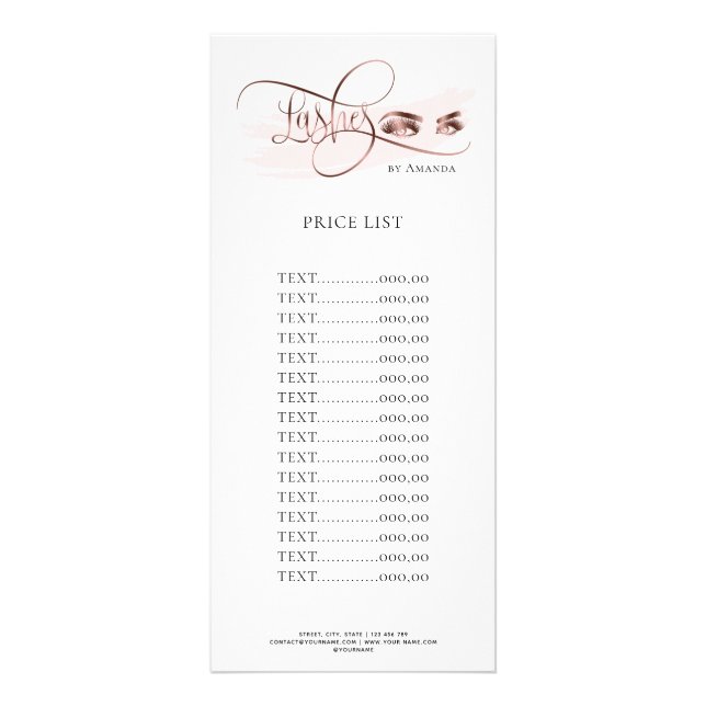 Makeup Eyebrow Eyes Lashes Rose Gold Price List Rack Card (Front)