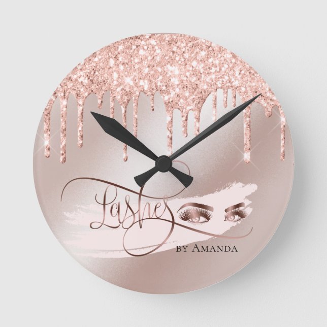 Makeup Eyebrow Eyes Lashes Rose Gold Round Clock (Front)