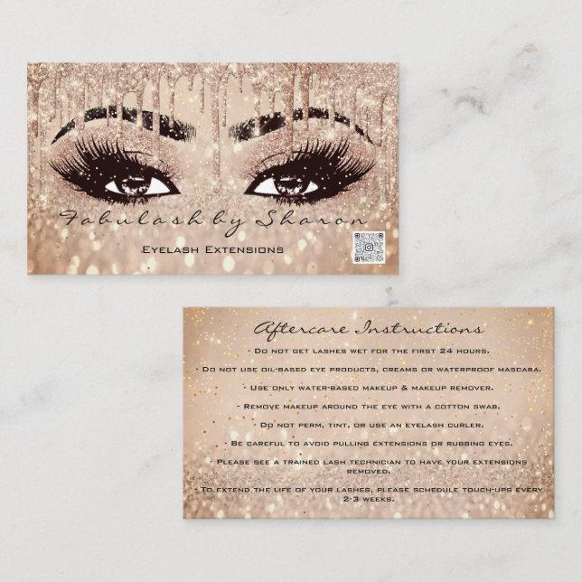 Makeup Eyebrow Lashes Drips Rose QR Code Aftercare Business Card (Front/Back)