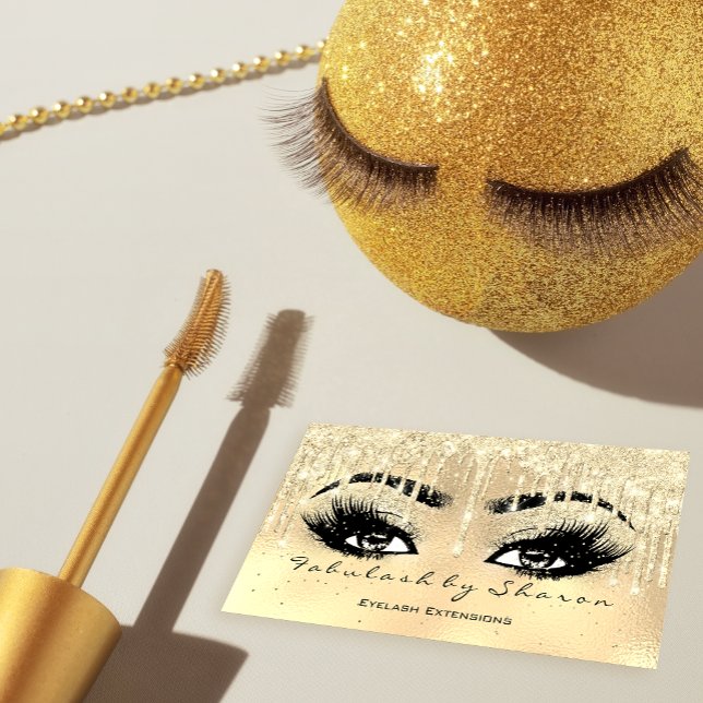Makeup Eyebrow Lashes Glitter Drip Spark Faux Gold Business Card (Creator Uploaded)