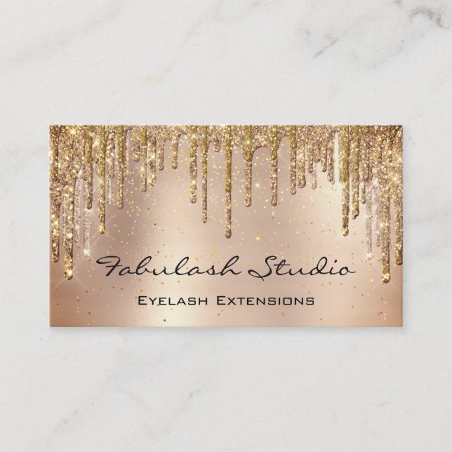 Makeup Eyebrow Lashes Glitter Drips Gold Spark Business Card (Front)