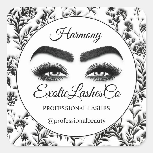 Makeup Eyelash Packaging Cleaner Floral Black Gray Square Sticker (Front)