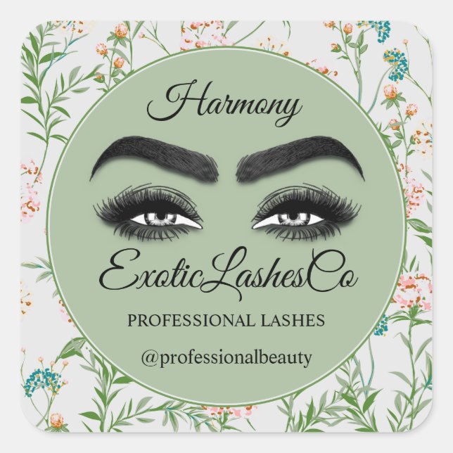 Makeup Eyelash Packaging Cleaner Floral MInt Green Square Sticker (Front)