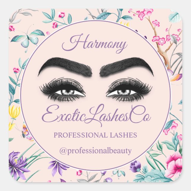 Makeup Eyelash Packaging Cleaner Floral Purple Square Sticker (Front)