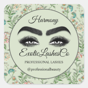 Makeup Eyelash Packaging Cleaner Florals Green  Square Sticker