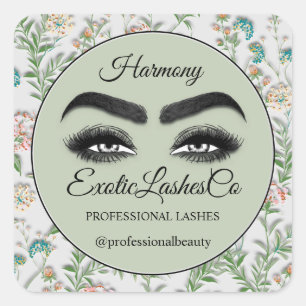 Makeup Eyelash Packaging Cleaner Florals Mint Gree Square Sticker