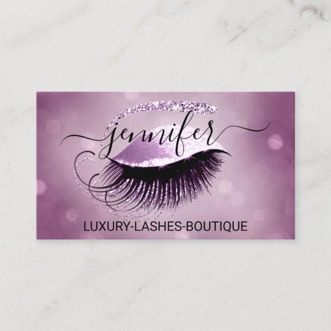 Makeup Eyelash QR Code Logo Glitter Rose Pink Business Card (Front)