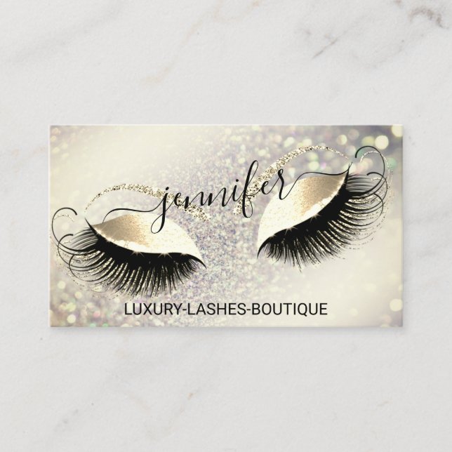 Makeup Eyelash QR Code Logo Glitter Royal Gold Business Card (Front)