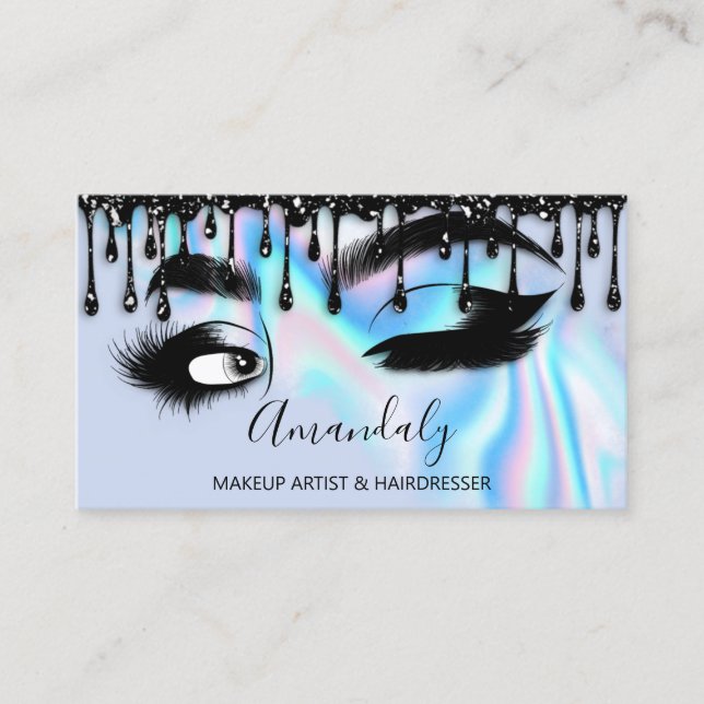 Makeup Eyelashes Brow QRCODE Logo Black Drips Blue Business Card (Front)