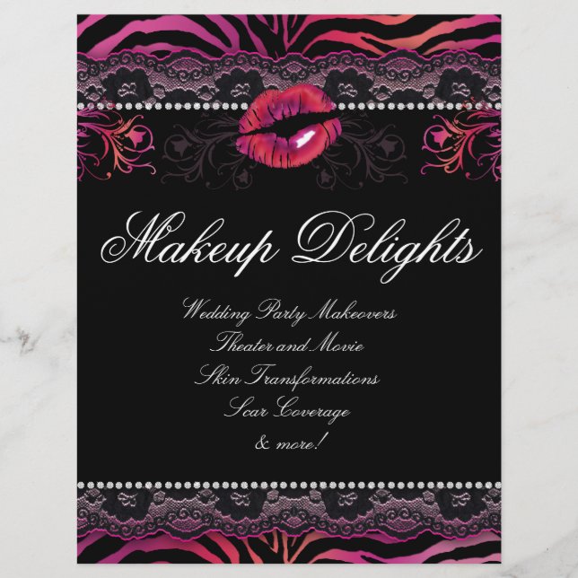 Makeup Flyer Hair Salon Zebra Lips Lace Pink Red (Front)