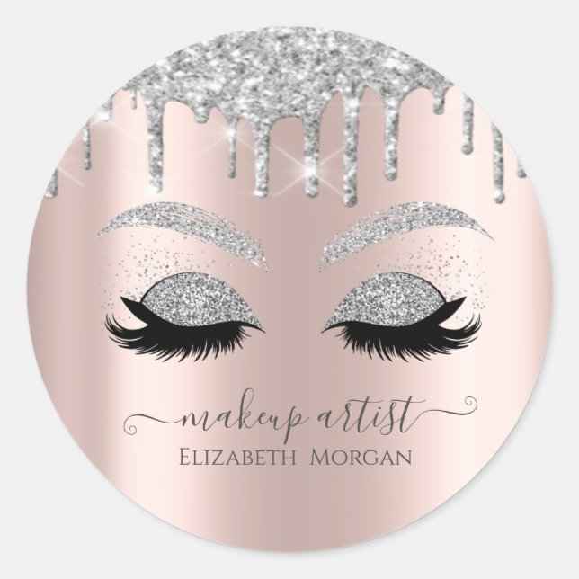 Makeup Glitter Drips Faux Lashes Rose Gold Classic Round Sticker (Front)