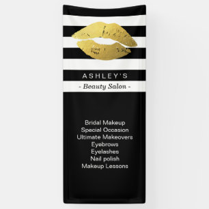 Makeup Gold Lips Beauty Salon Black White Striped Banner