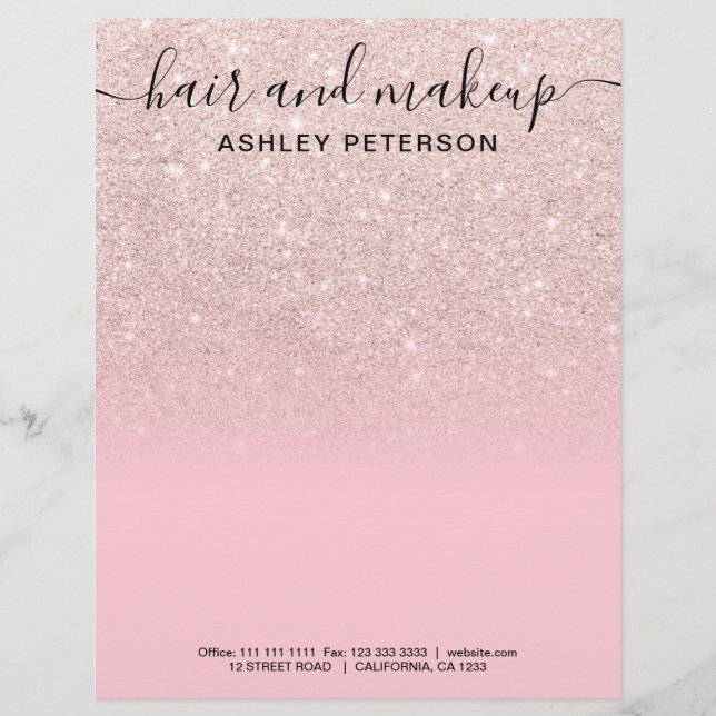 Makeup hair light rose gold glitter ombre pink letterhead (Front)