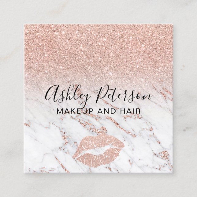 Makeup hair marble rose gold glitter lips square business card (Front)