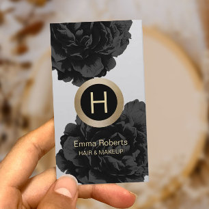 Makeup & Hair Modern Monogram Black & Gold Floral Business Card