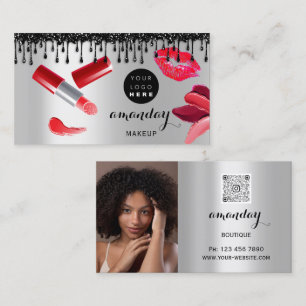 Makeup Hair Red Lipstick Silver Photo QRCode Shop  Business Card