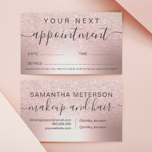 Makeup hair Rose gold glitter ombre metallic foil Appointment Card