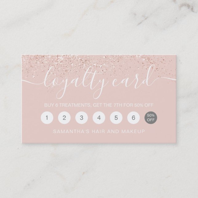 Makeup hair rose gold glitter pastel blush pink loyalty card (Front)