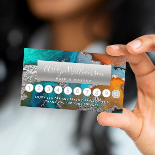 Makeup hair salon silver blue marble watercolor loyalty card