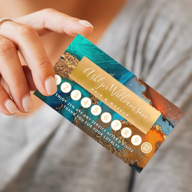 Makeup hair salon watercolor agate gold turquoise loyalty card (Creator Uploaded)