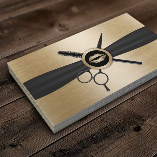 Makeup & Hair Stylist Gold Lips Modern Black Gold Business Card (Creator Uploaded)