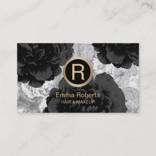 Makeup & Hair Stylist Gold Monogram Black Floral Business Card