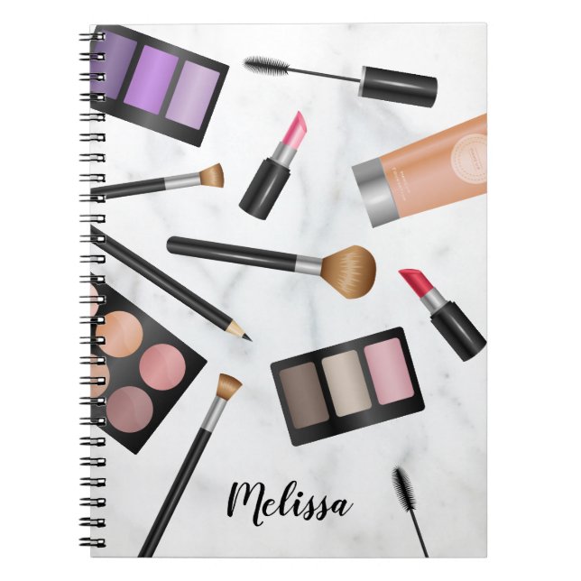 Makeup Items Illustration On Faux Marble & Name Notebook (Front)