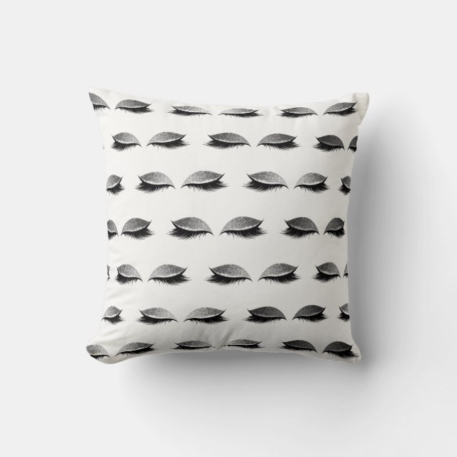 Makeup Lashes Eyes White Glitter Silver Minimal Throw Pillow (Front)