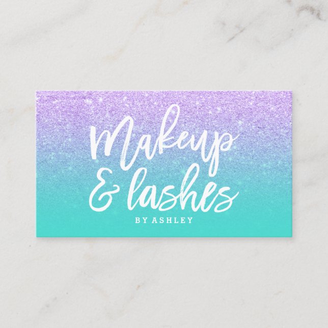 Makeup lashes typography faux lavender glitter business card (Front)