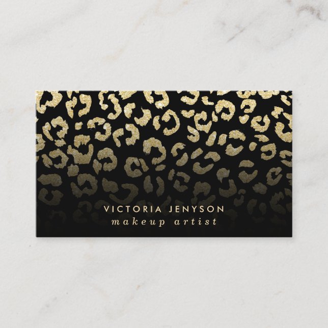 Makeup leopard pattern faux gold glitter on black business card (Front)