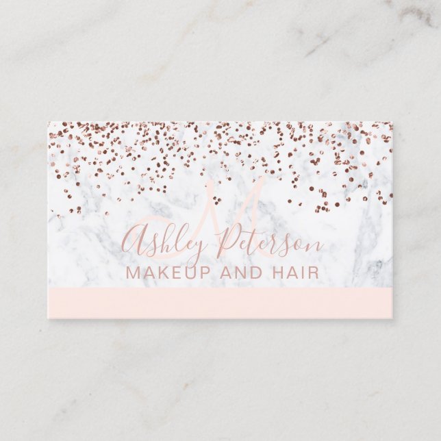 Makeup marble rose gold confetti monogram blush business card (Front)