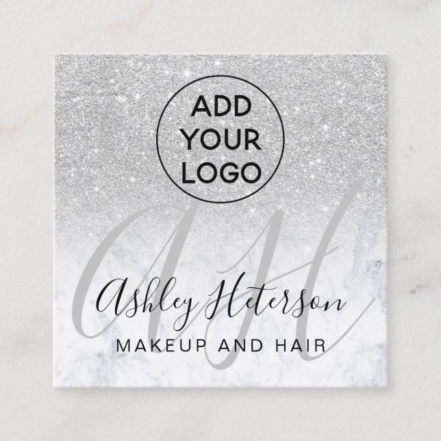 Makeup marble silver glitter logo monogram square business card (Front)