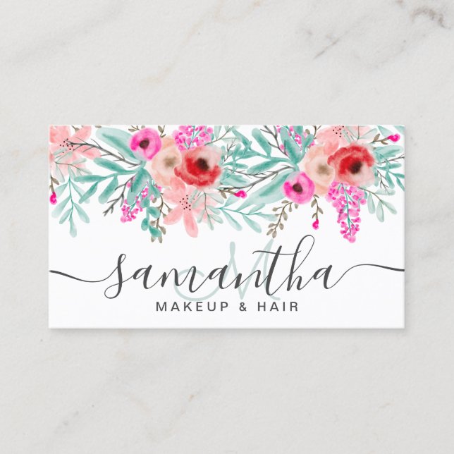 Makeup mint pink floral watercolor monogrammed business card (Front)