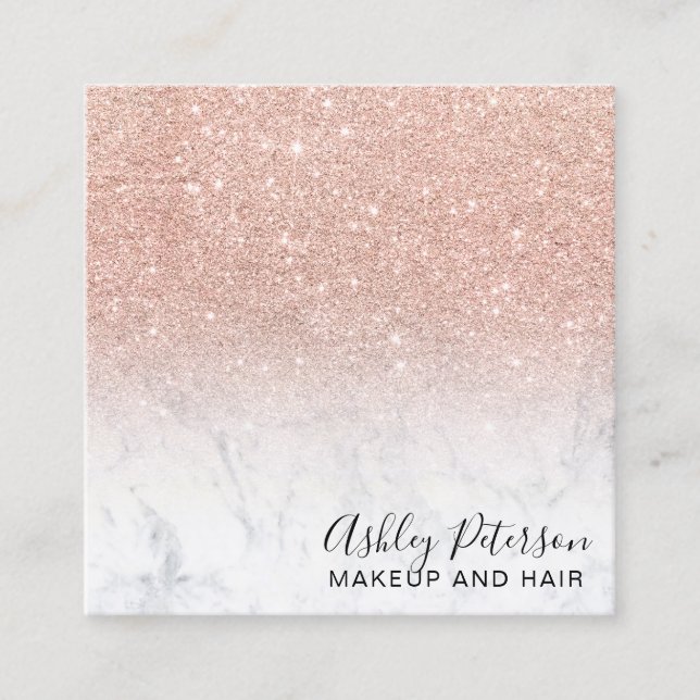Makeup modern typography rose gold glitter marble square business card (Front)