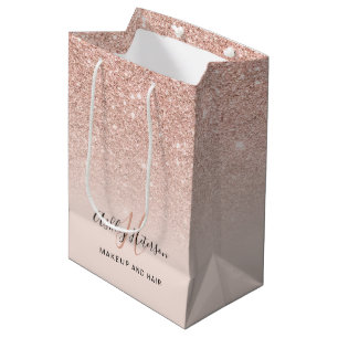 Makeup monogram blush rose gold glitter script medium gift bag