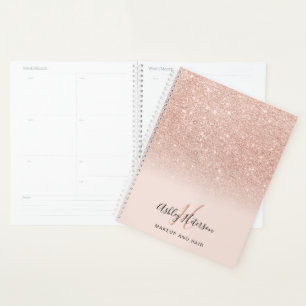 Makeup monogram blush rose gold glitter script planner