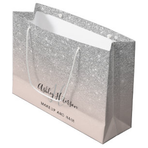 Makeup monogram blush silver glitter script large gift bag