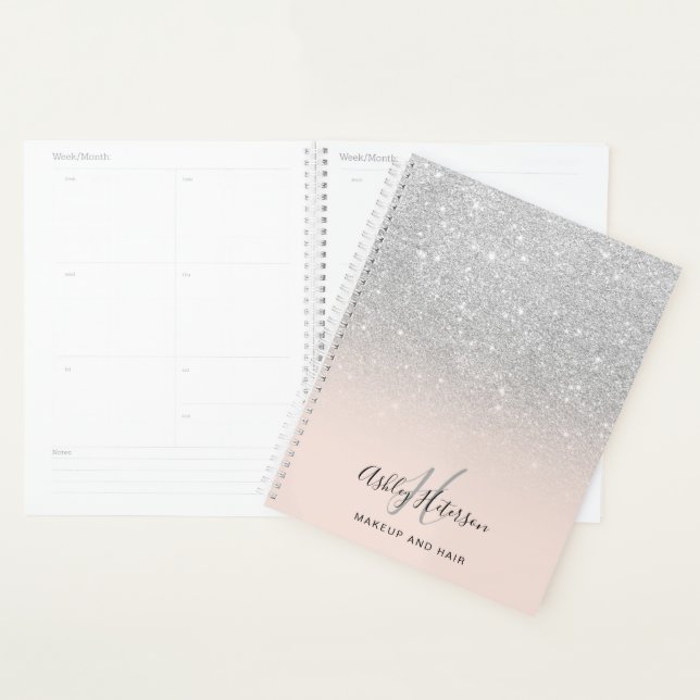 Makeup monogram blush silver glitter script planner (Display)